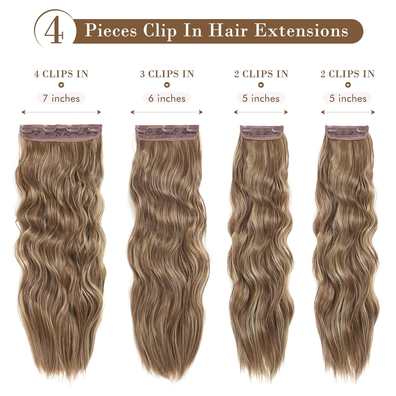 REECHO Hair Extensions, 4PCS Clip in Hair Extensions HE001 Natural Soft Synthetic Hairpieces for Women, Light Brown with Blonde Highlights