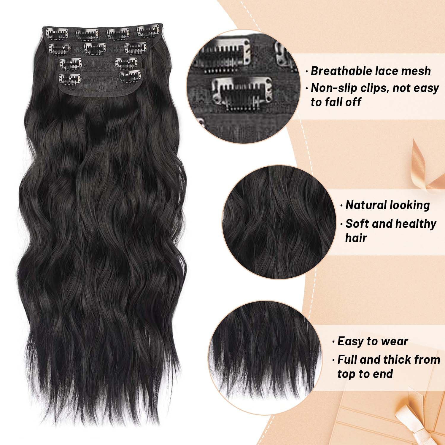 Alternative view of Black Hair Extensions Clip ins 20Inch Long Wavy Clip in Hair Extensions for Women 4PCS Natural Soft Curly Thick Hairpieces Double Weft Synthetic Clip on Hair Extension (20INCH, 1B)