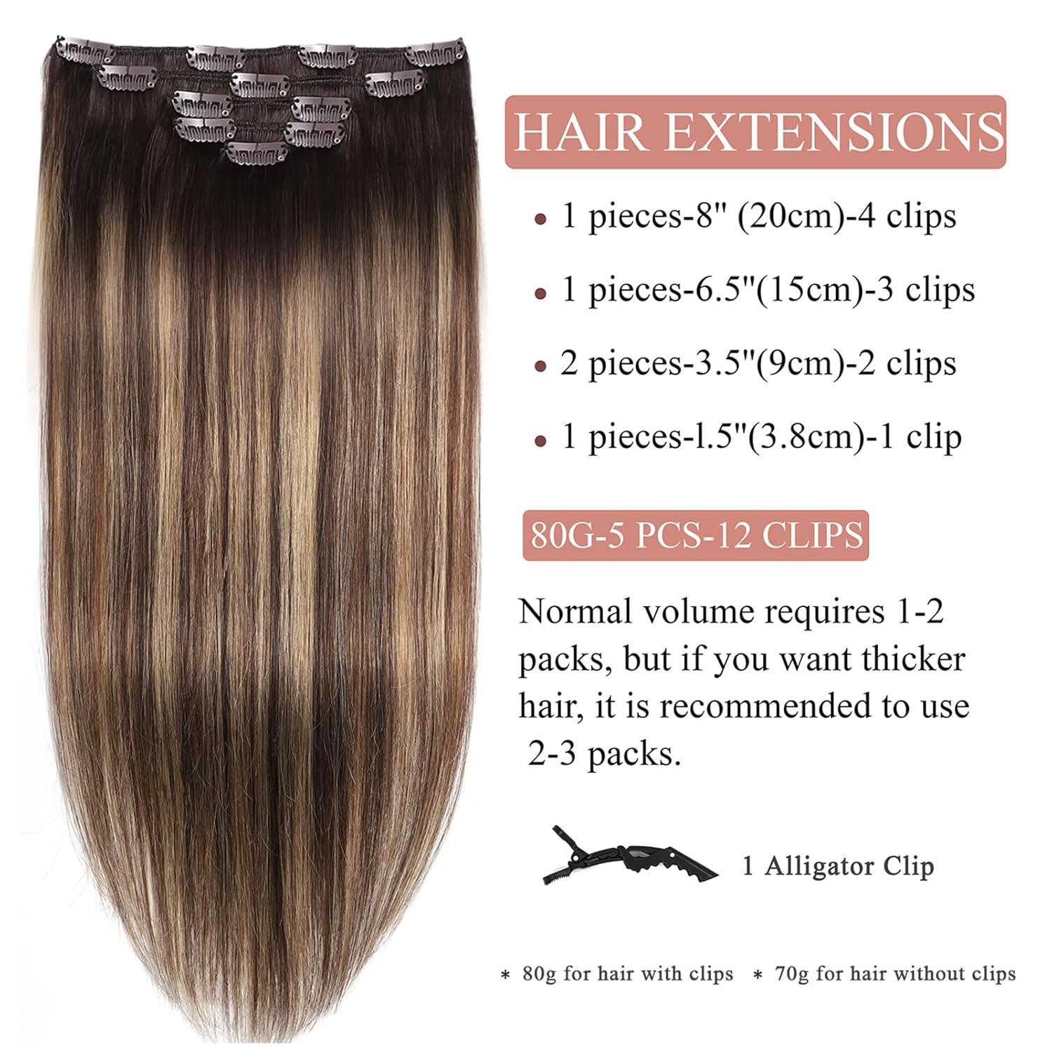 Alternative view of Hair Extensions Real Human Hair Clip in Hair Extensions Remy Human Hair Clip ins Balayage Chocolate Brown to Caramel Blonde Straight Real Hair Extension for Women 18 Inch 80g/5pcs Soft Silky