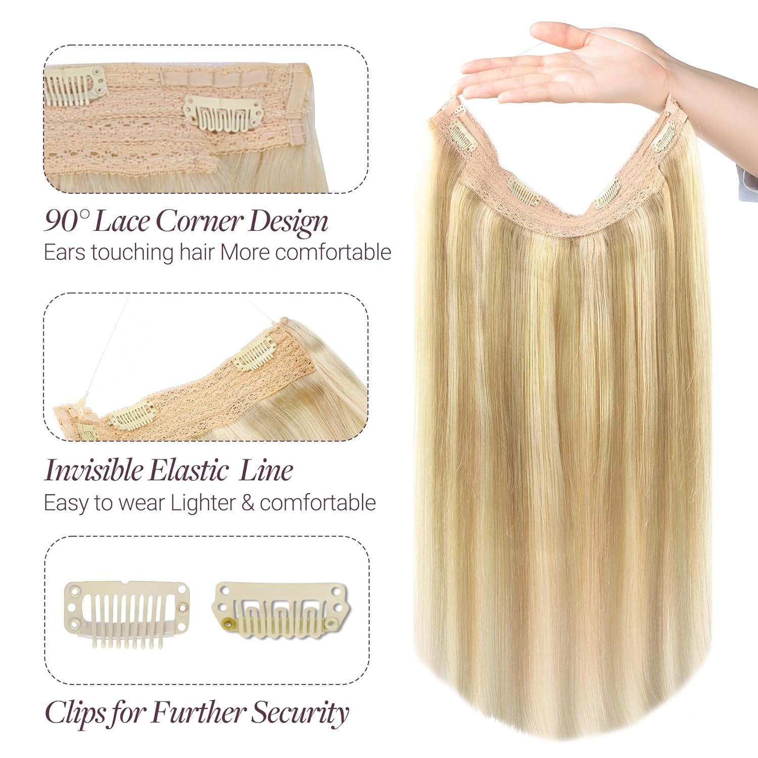 Alternative view of GOO GOO Wire Hair Extensions Human Hair, 16/22 Light Blondewith mix Golden Blonde Highlighted 14inch 75g, Invisible Wire Hair Extensions with Transparent, Seamless Fish Line Hairpiece
