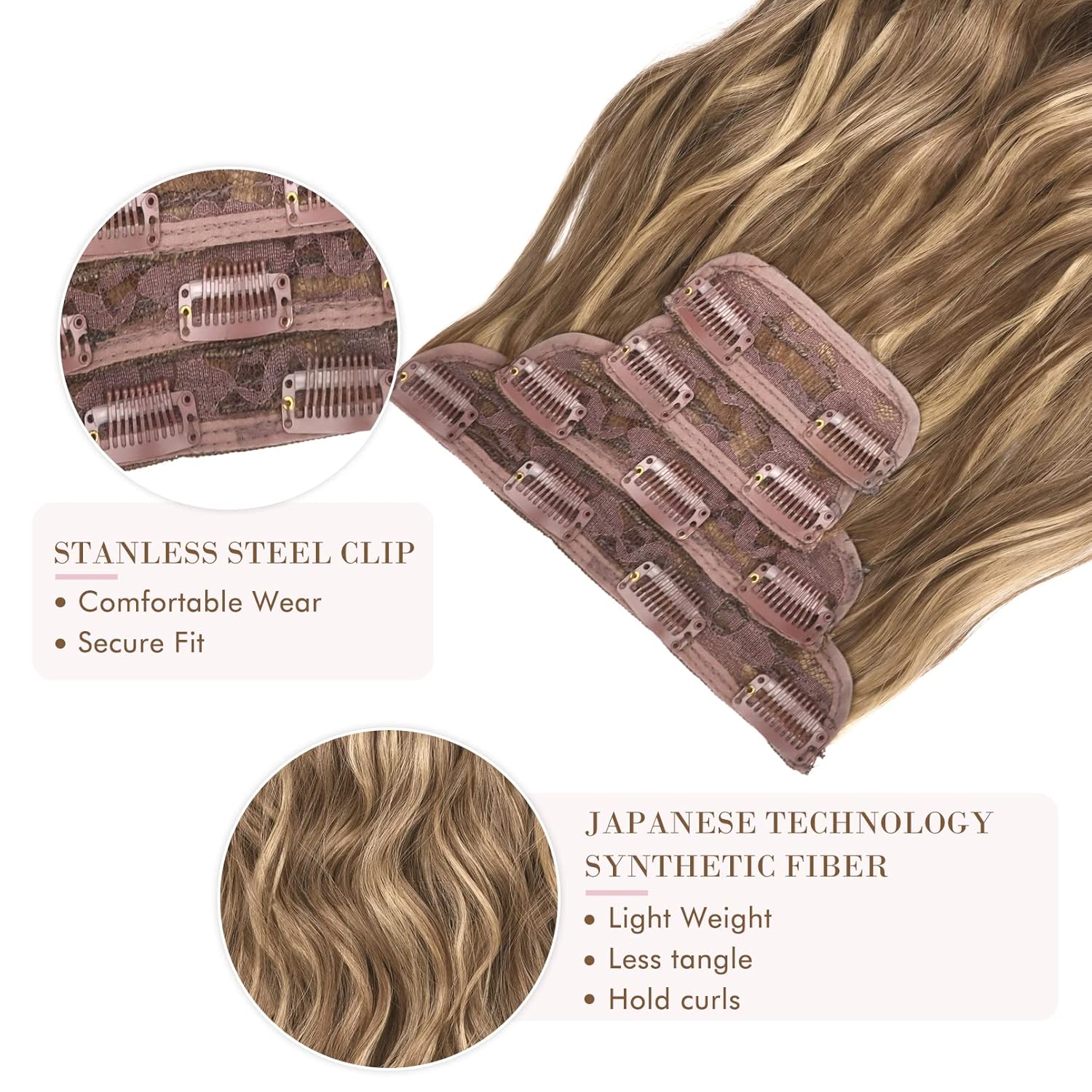 Alternative view of REECHO Hair Extensions, 4PCS Clip in Hair Extensions HE001 Natural Soft Synthetic Hairpieces for Women, Light Brown with Blonde Highlights