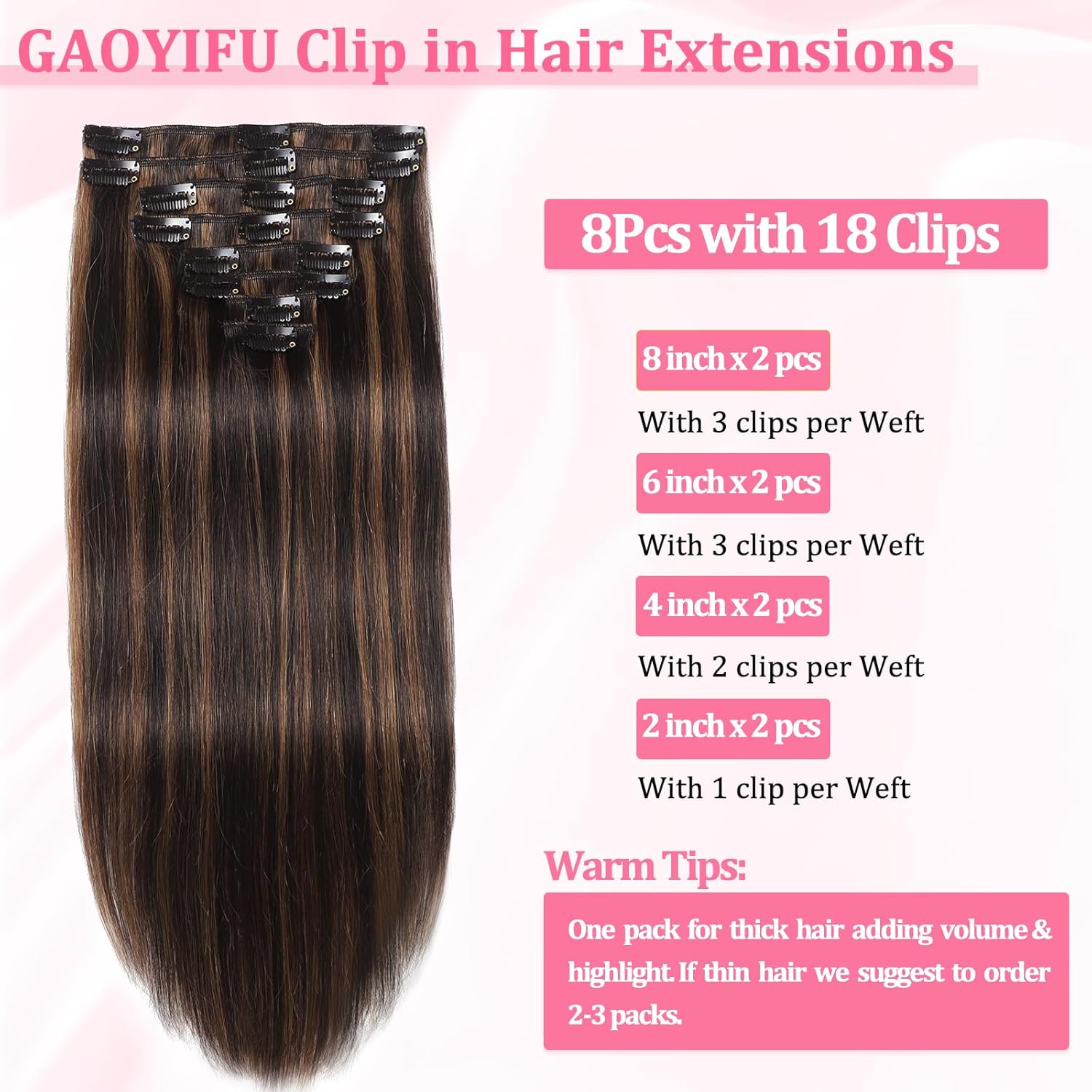 Alternative view of Clip in Hair Extensions Real Human Hair Seamless Balayage Human Clip ins Extensions for Women Invisible Straight 8Pcs Double Weft Dark Brown Highlight Chestnut Brown 16inch 90g