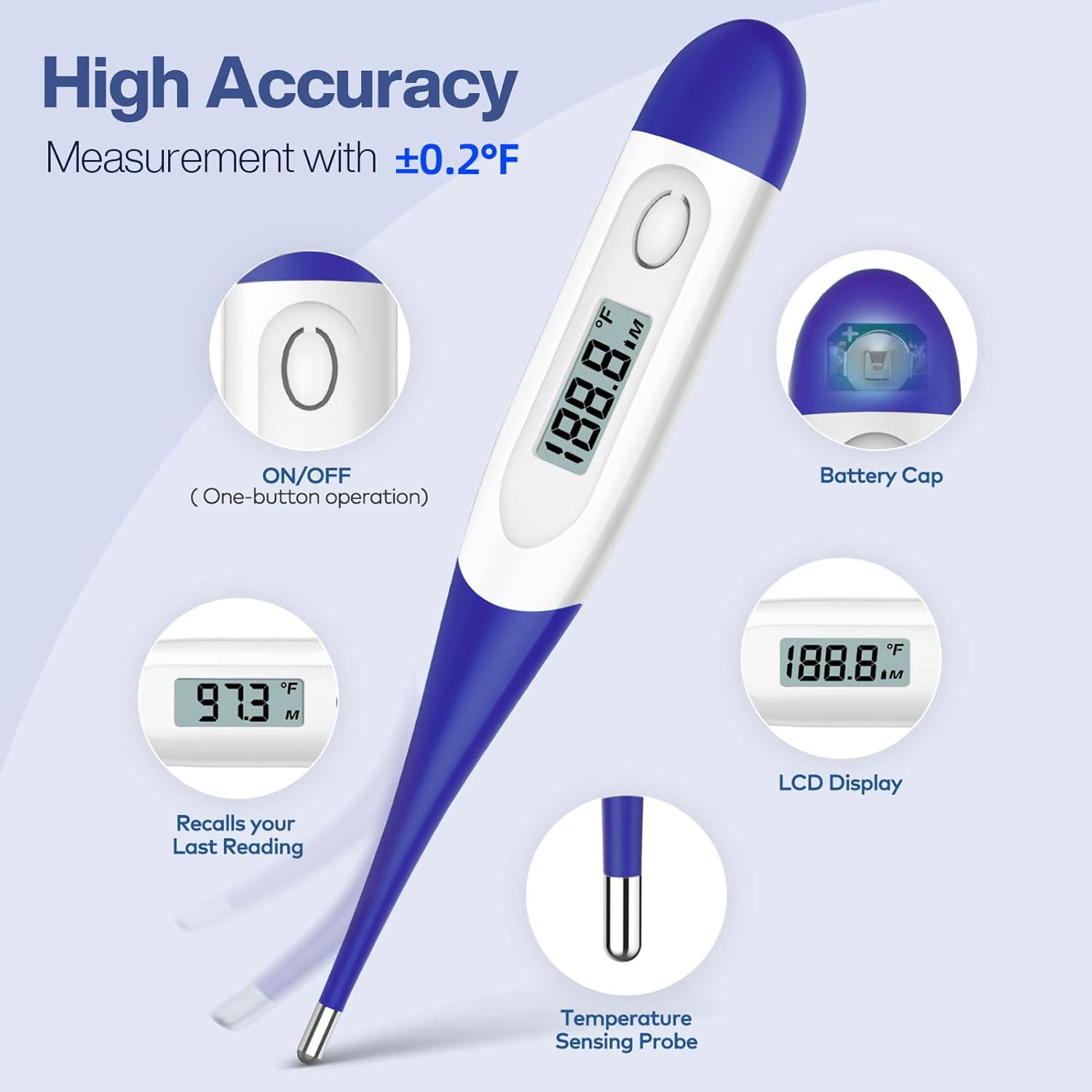 Alternative view of Boncare 10 Seconds Digital Thermometer for Adults and Kids - Accurate & Safe Rectal Thermometer for Baby with Fever Alarm, Oral Thermometer (Dark Blue)