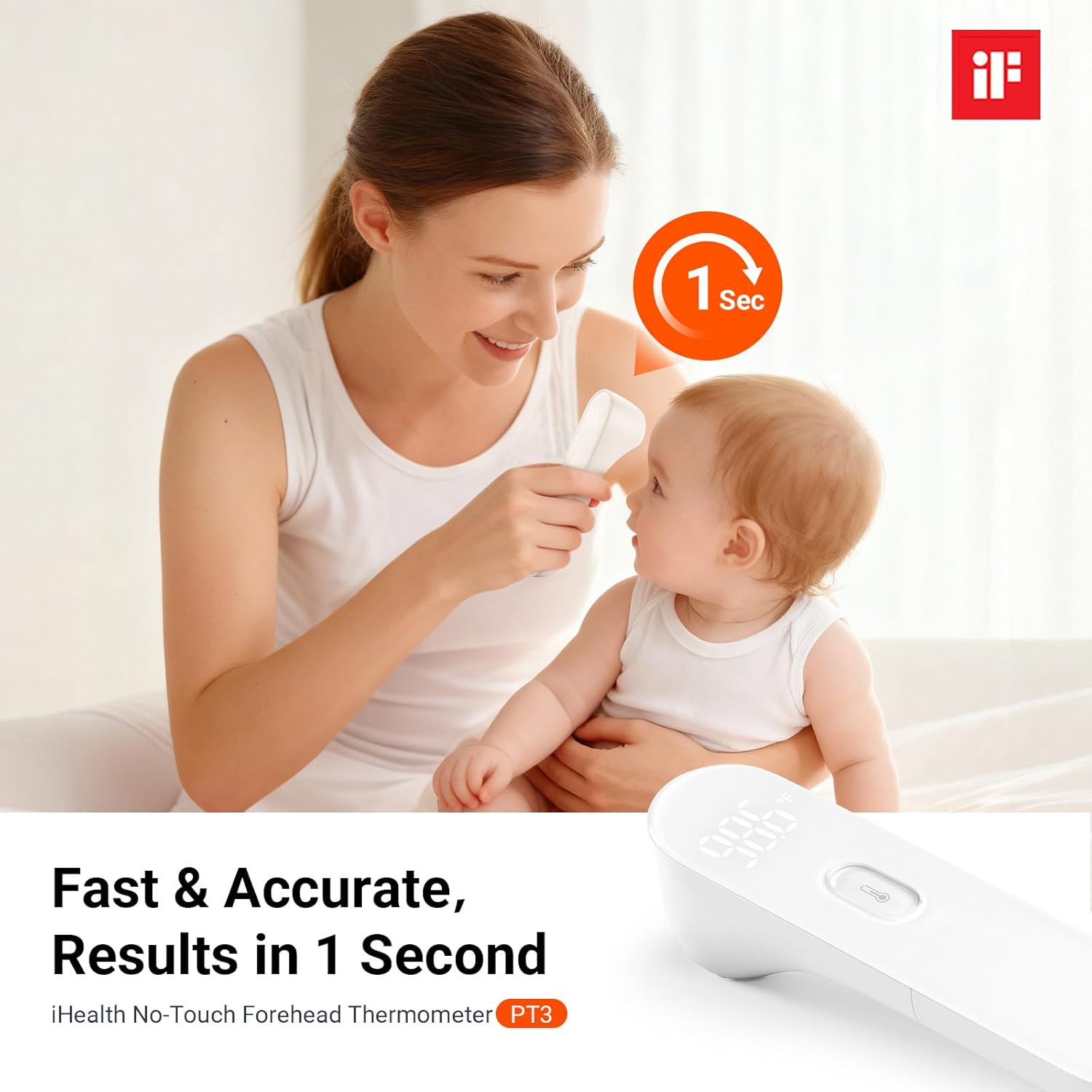 iHealth No-Touch Forehead Thermometer for Adults, Kids, Babies - 1s Fast Accurate, 3 Ultra-Sensitive Sensors, Quiet Vibration Feedback, Digital Large LED Digits, Easy to Use for Home & Nurses, PT3