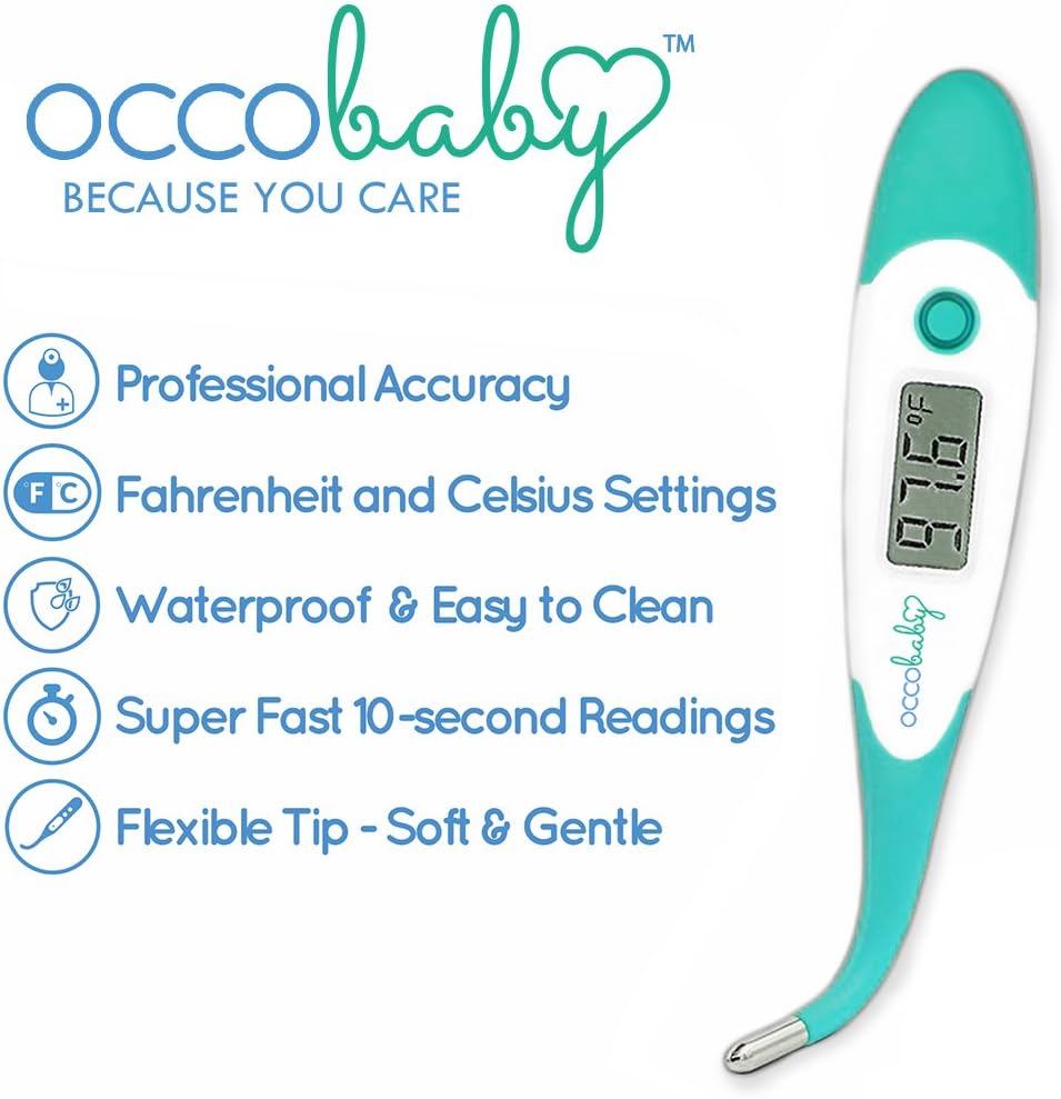 OCCObaby Clinical Digital Baby Thermometer - LCD, Flexible Tip, 10 Second Quick Accurate Fever Read Rectal Oral & Underarm Use - Waterproof Thermometer for Infants & Toddlers