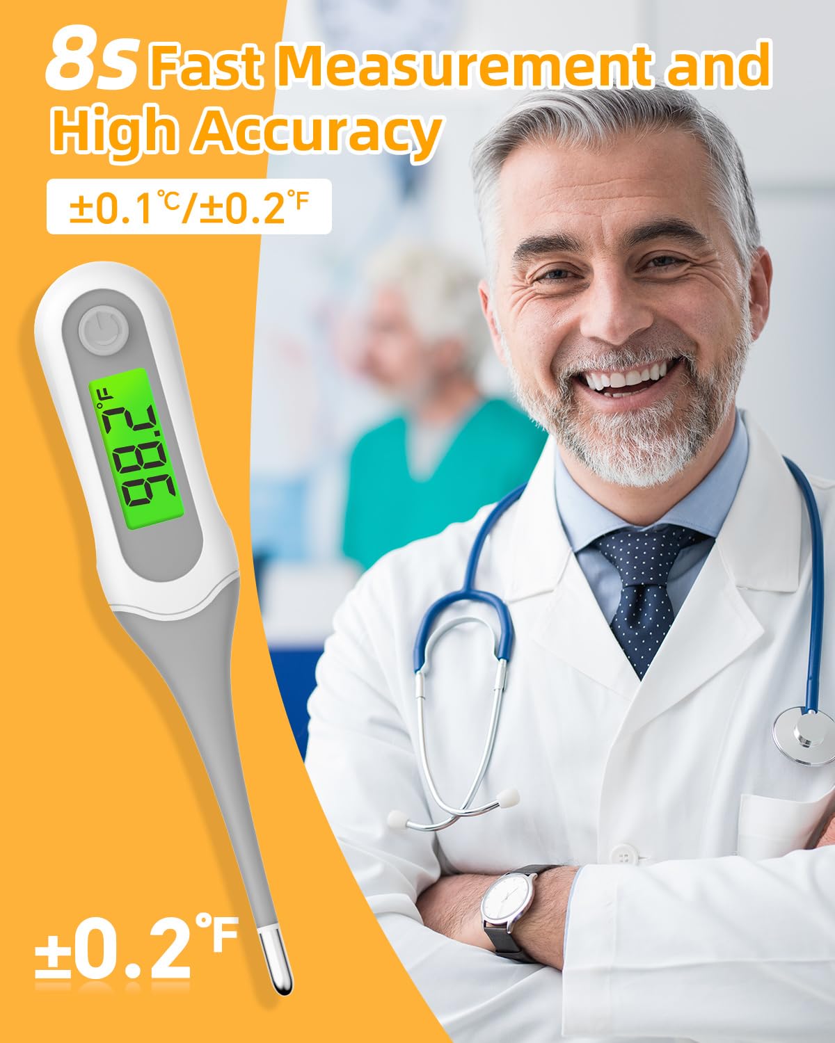 Fiemack 8 Seconds Digital Oral Thermometer for Adults and Kids, Accurate & Safe Baby Thermometer with Fever Alarm, 3 Backlits Display, Flexible Tip, Medical Basal Thermometer for Rectal, Underarm