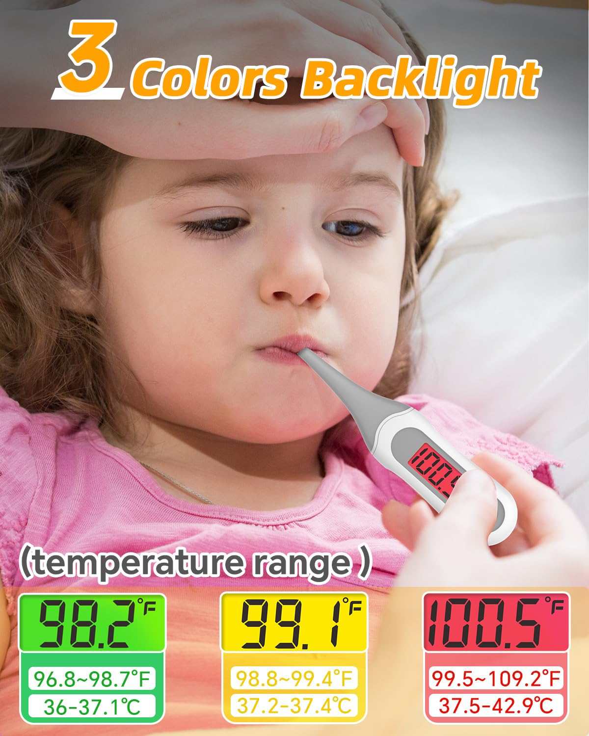 Alternative view of Fiemack 8 Seconds Digital Oral Thermometer for Adults and Kids, Accurate & Safe Baby Thermometer with Fever Alarm, 3 Backlits Display, Flexible Tip, Medical Basal Thermometer for Rectal, Underarm