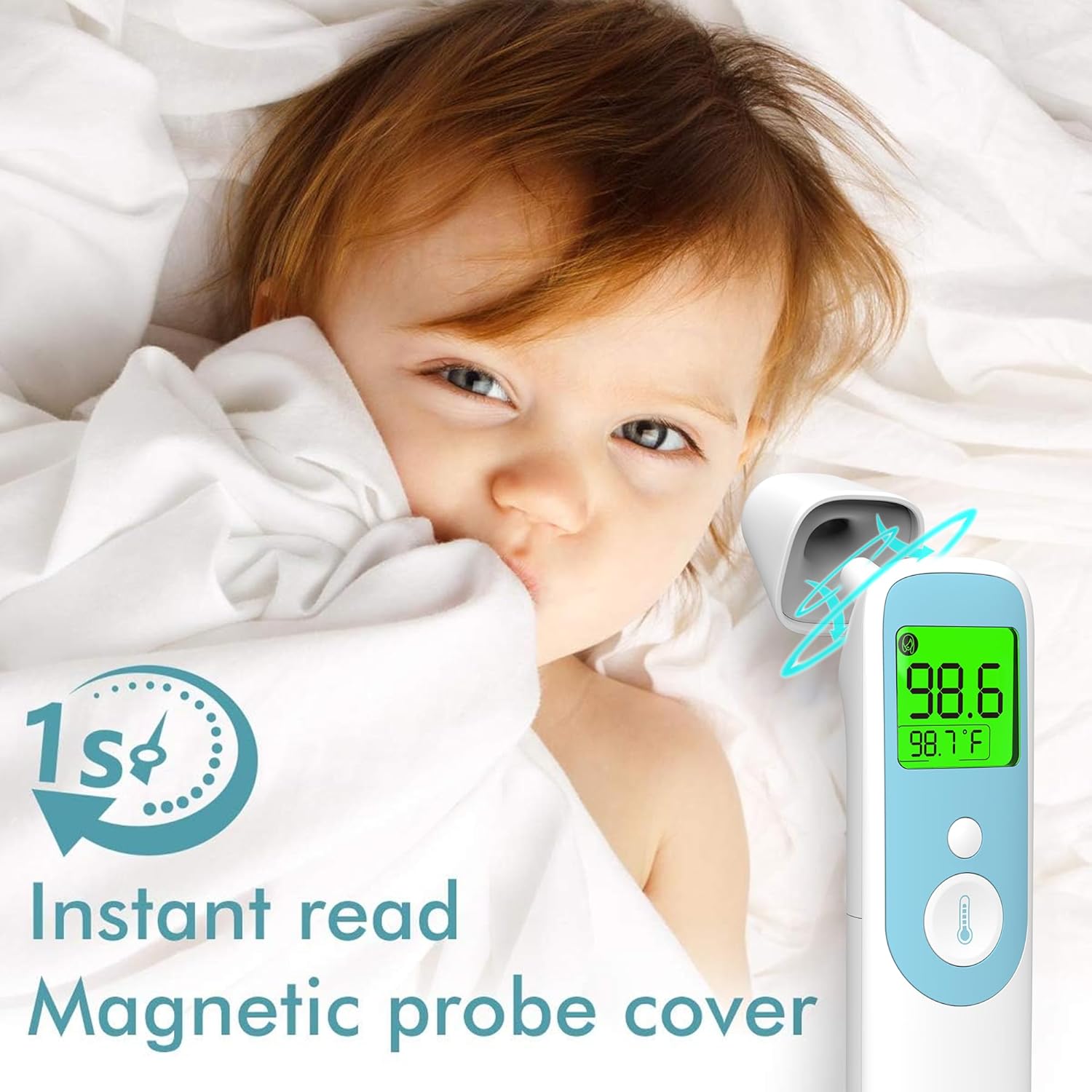 Alternative view of 20C Ear and Forehead Thermometer for Baby&Adults Digital Infrared Thermometer with 1s Reading Easy Operation 4-Color Backlight Data Storage Fever Alarm Magnetic Cap for Body Surface & Room Use