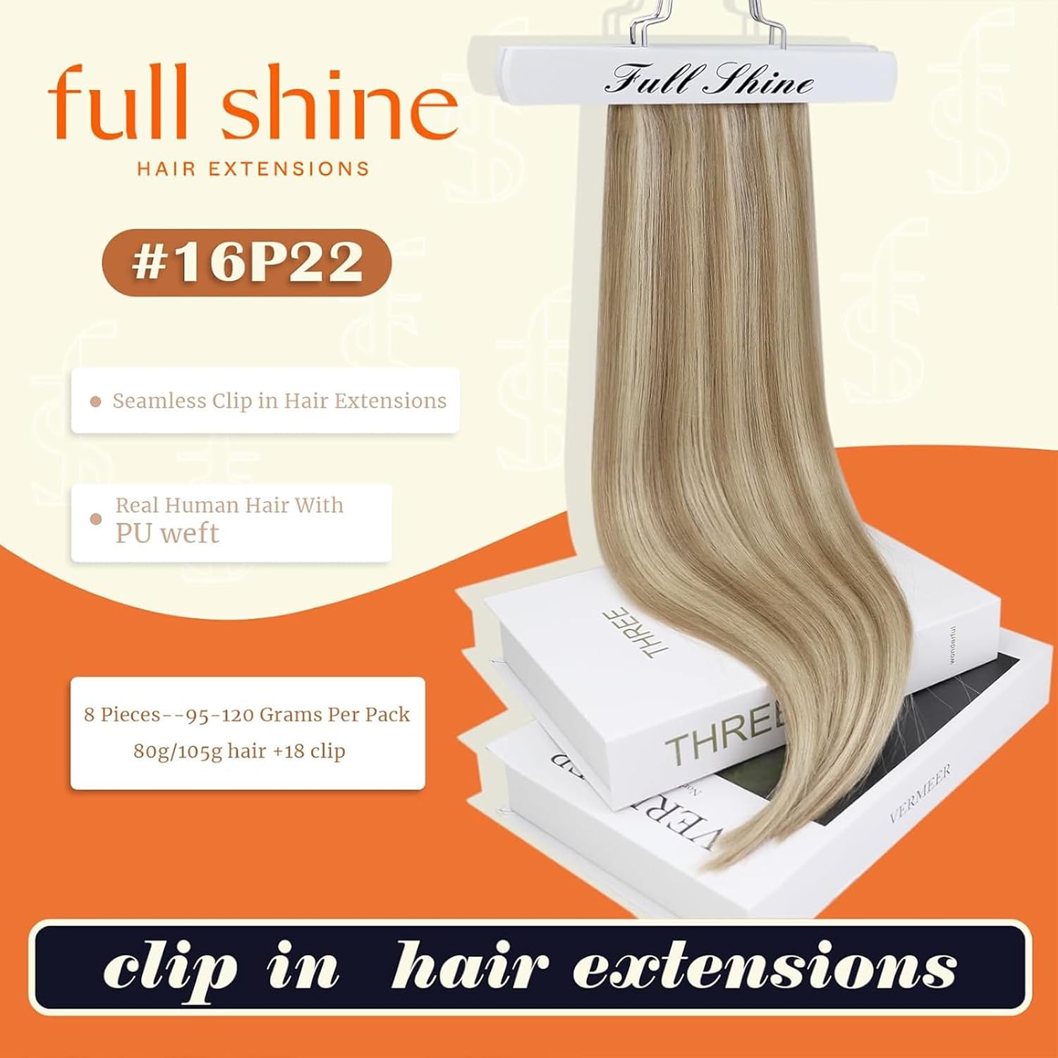 Full Shine Human Hair Clip in Extensions Balayage Seamless Hair Extensions Clip ins Golden Blonde Mix Light Blonde Real Hair Extensions for Women 18 Inch 8 Pcs 120g