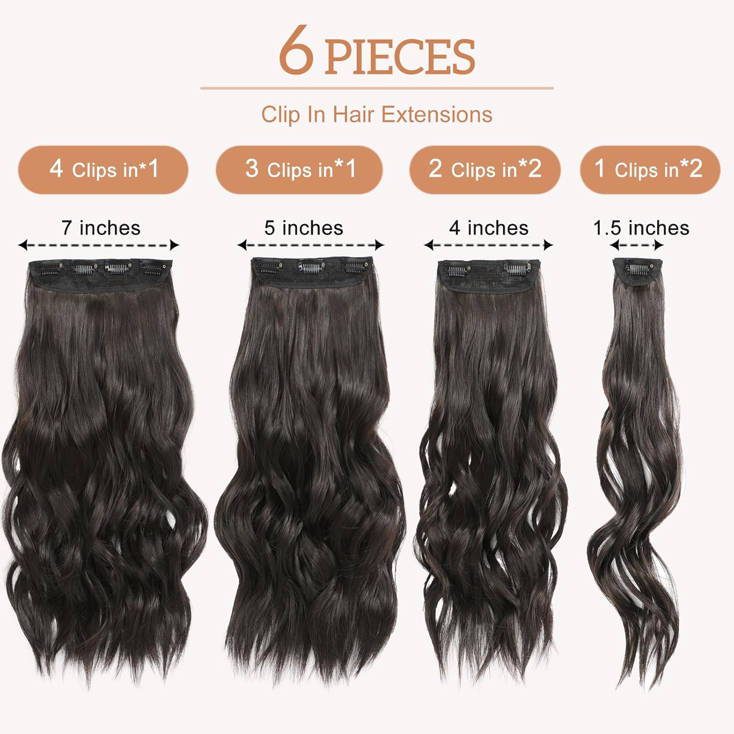 Clip in Hair Extensions for Women, Natural Dark Brown Extensions, 20 Inch 6PCS Hairpieces Long Wavy Soft Thick Hair Extensions clip ins