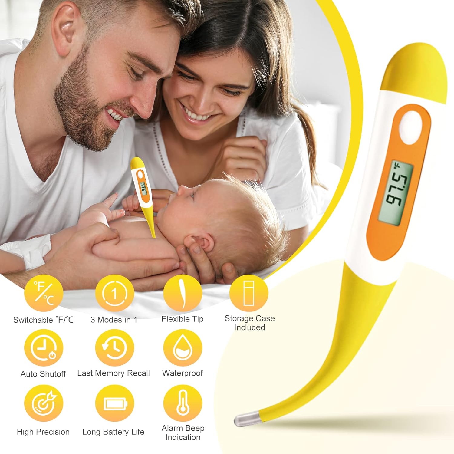 Easy@Home Digital Oral Thermometer for Fever Adults: Rectal, Underarm & Mouth, Accurate & Fast, Body Medical Temperature Thermometer for Baby Kids & Adult, EMT-021N-Yellow