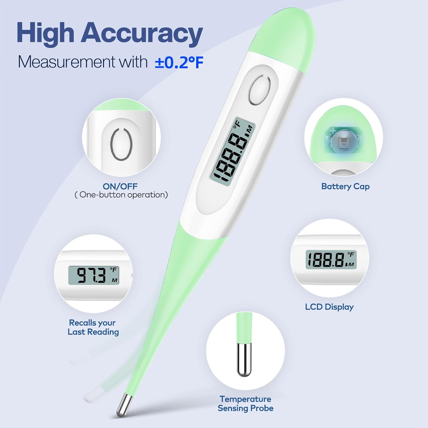 Alternative view of Boncare 10 Seconds Digital Thermometer for Adults and Kids - Accurate & Safe Rectal Thermometer for Baby with Fever Alarm, Oral Thermometer (Light Green)