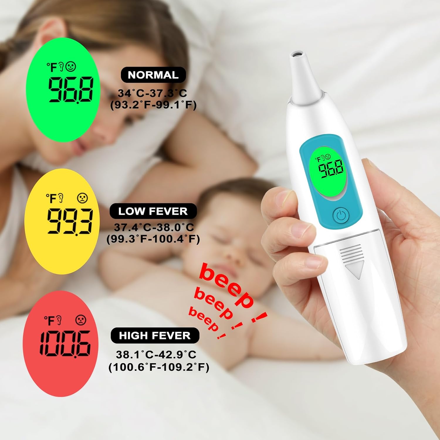 Alternative view of Ear Thermometer for Adults and Kids, Digital Thermometer with Fever Alarm and Instant Accuracy Readings, Infrared Thermometer Gun for Infants, Baby Thermometer, Fast, Reliable