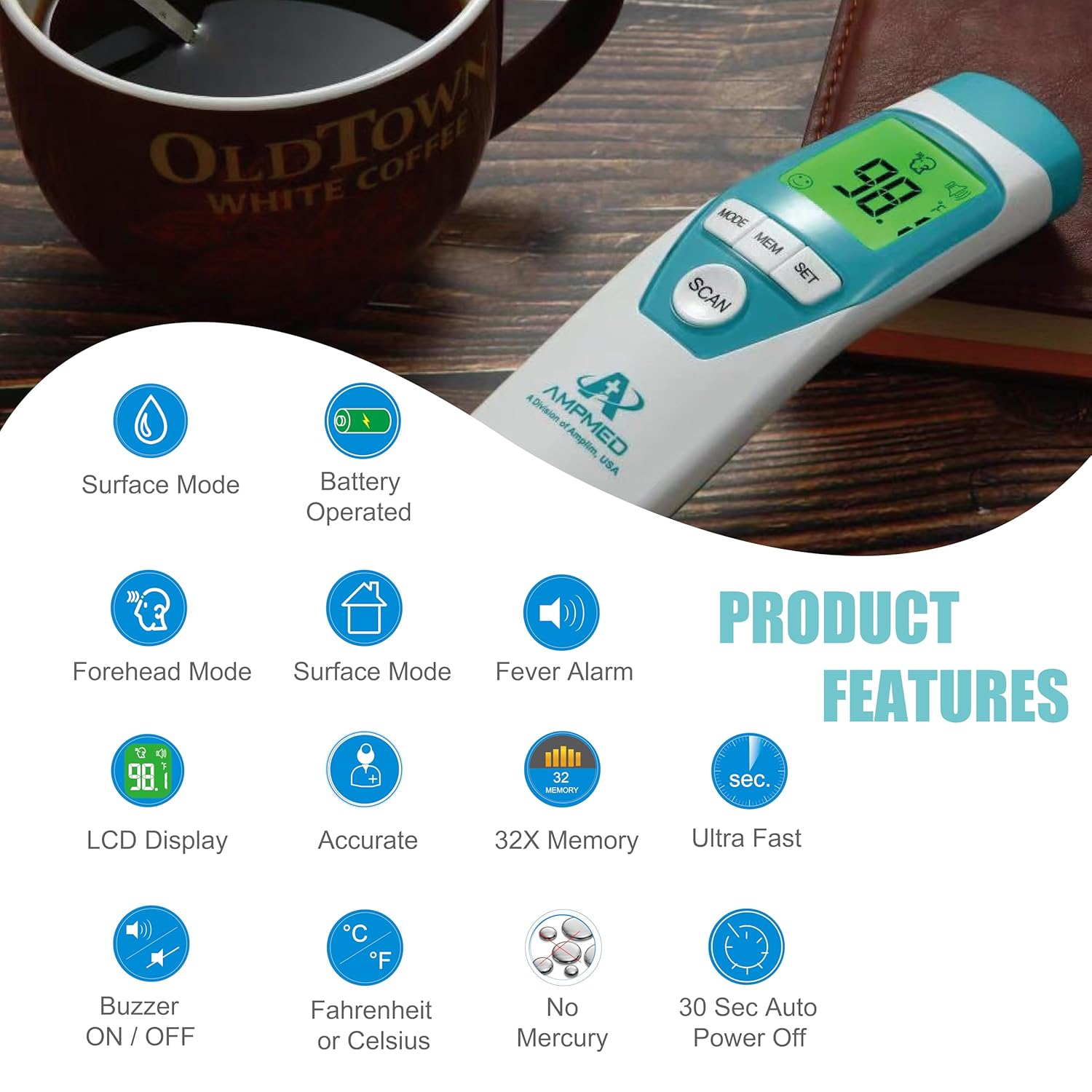 Amplim Hospital Medical Grade Non-Contact No-Touch Forehead Thermometer for Baby and Adults. Touchless Temporal Fever Thermometer, Fast and Accurate Digital Baby Thermometer