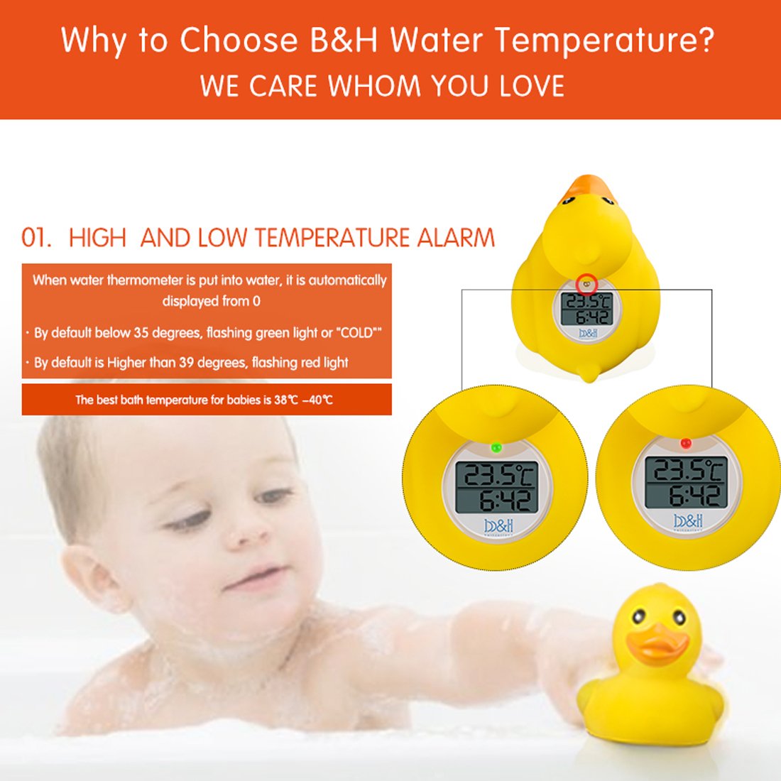 Alternative view of b&h Baby Bath Thermometer, The Infant Bath Floating Toy Safety Temperature Water Thermometer, Baby Bath Essentials (Classic Duck)