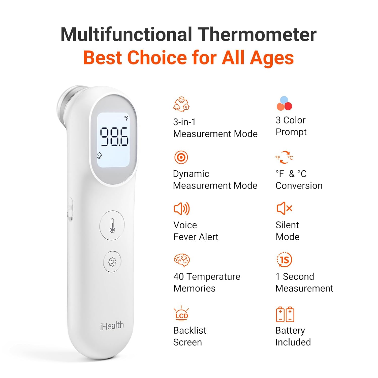 iHealth Infrared Digital Thermometer for Adults and Kids, Baby Thermometer with 3-in-1 Mode & 3-Color Prompt, Fever Alarm & Silent Mode, Forehead & Object Detection, 40 Memory Storages, PT9L, White