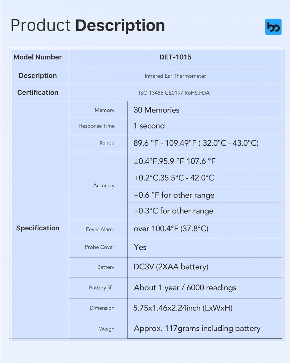 Femometer Family Ear Thermometer, Highly Accurate Ear Thermometer for Kids, Adults and Babies, 30 Memory Recall, 1s Result and 3-Color Fever Alert, with 24 Disposable Probe Covers, White - Image 5
