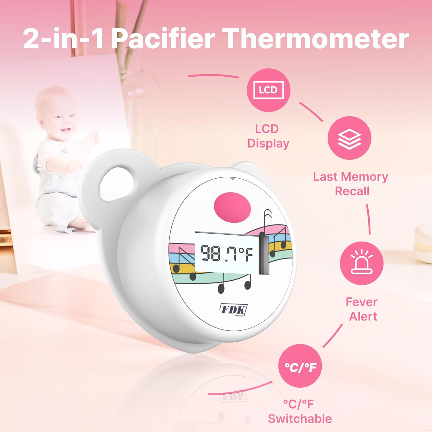 Baby Pacifier Oral Thermometer, High Accuracy Digital Newborn Thermometer with LCD Display, Sick Toddler Essentials Waterproof Mouth Temperature Reader for Easy Fever Monitoring