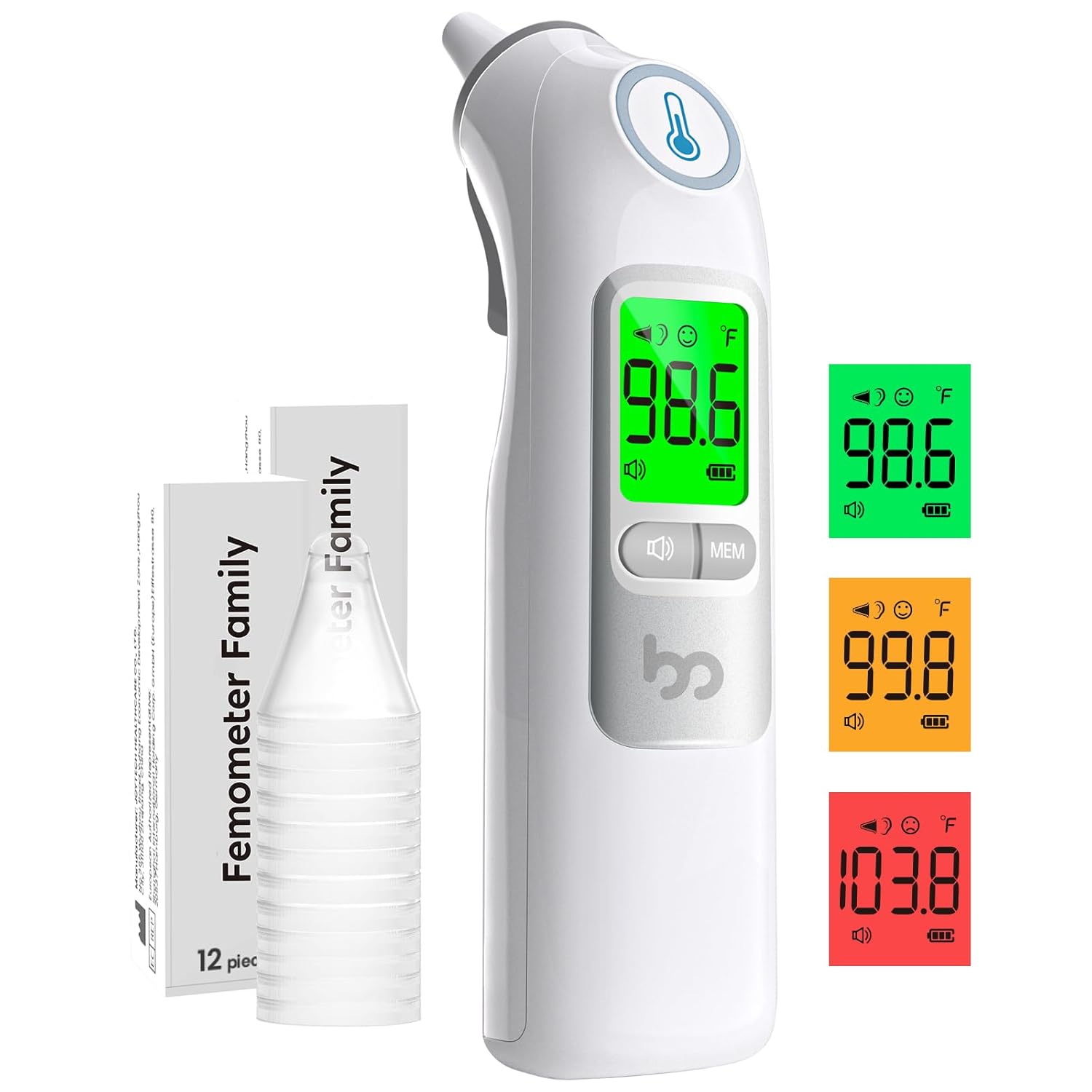Femometer Family Ear Thermometer, Highly Accurate Ear Thermometer for Kids, Adults and Babies, 30 Memory Recall, 1s Result and 3-Color Fever Alert, with 24 Disposable Probe Covers, White - Image 9
