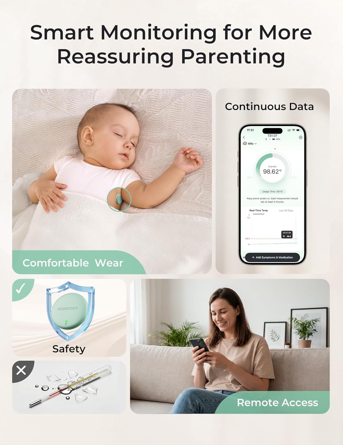 Momcozy Wearable Digital Thermometer for Baby, Medical-Grade Accurate Smart Thermometer, Instant Reads, APP Real-time Monitoring for Infants & Kids, Hypoallergenic 3M Stiker,Bluetooth, 180H Lasting - Image 7