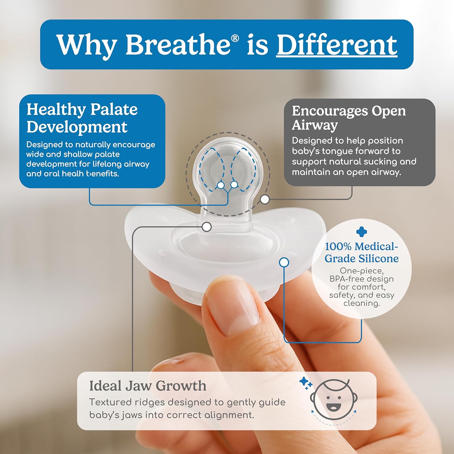 Breathe Baby Pacifier u2013 Patented Design for Natural Oral & Facial Development - BPA-Free, Latex-Free, Pediatrician Developed - Dishwasher Safe 2 Pack (Stage 1: 0-3 Months)