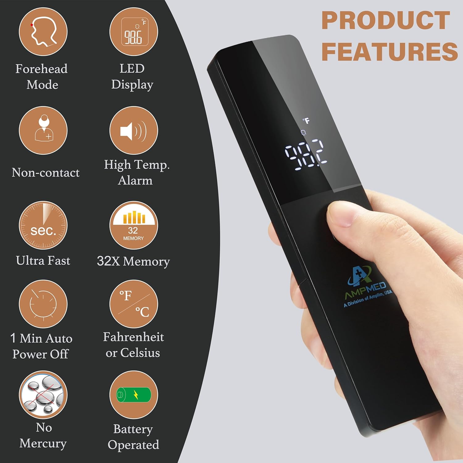 Amplim No-Touch Forehead Thermometer for Adults and Kids, Non-Contact Digital Baby Thermometer for Infants/Newborns. Medical Grade Touchless Temporal Temperature for Fever