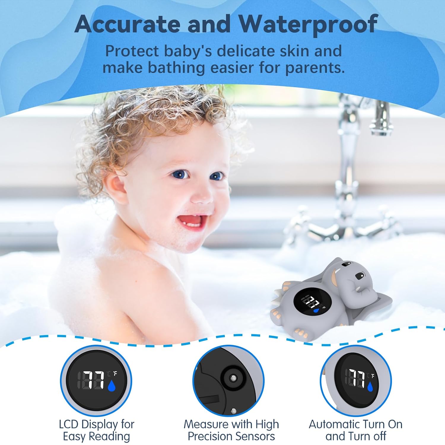 Baby Bath Thermometer, with LED Display and Temperature Warning,Kids' Bathroom Safety Products, Newborn Bath Safety Toy Thermometer (Elephant) - Image 4