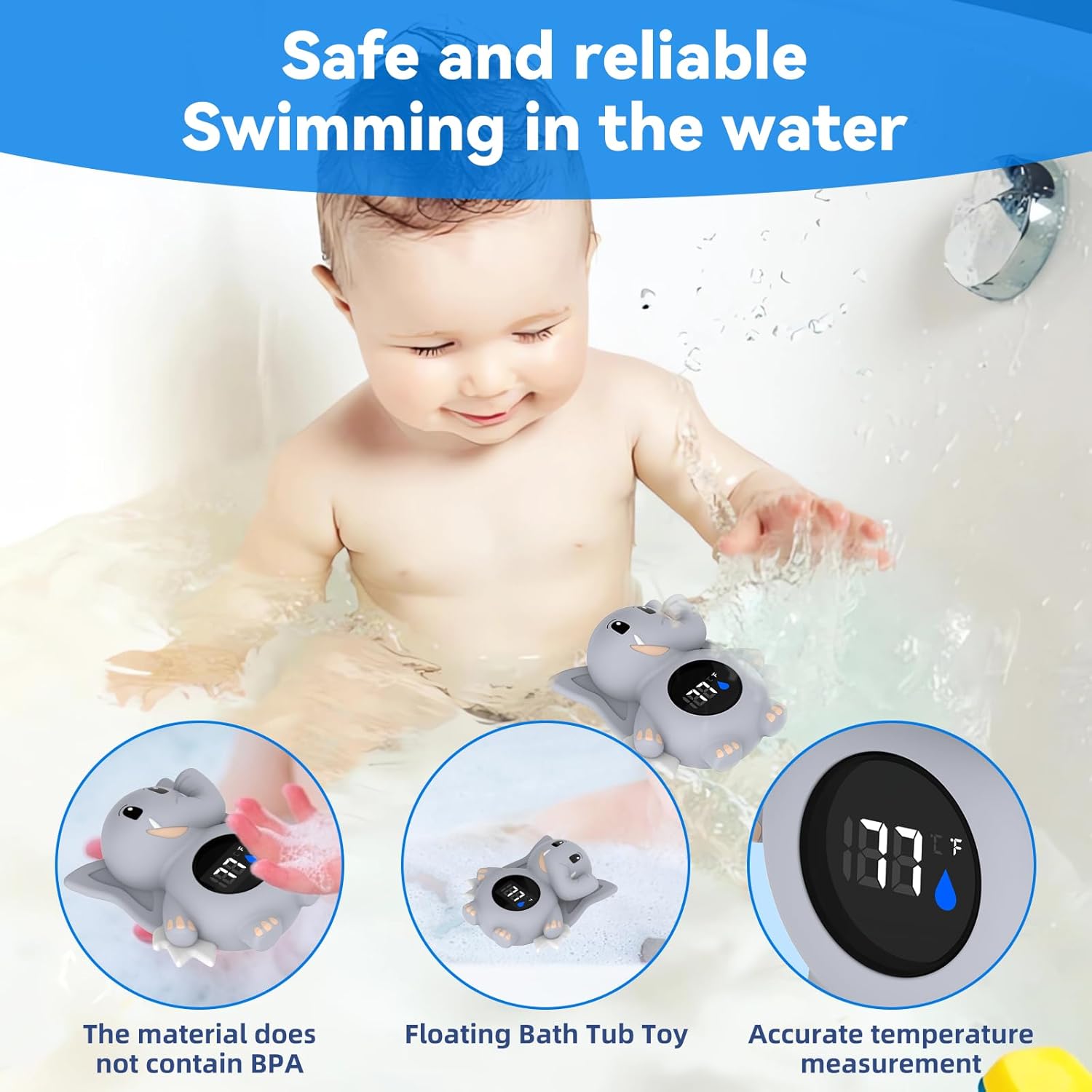 Baby Bath Thermometer, with LED Display and Temperature Warning,Kids' Bathroom Safety Products, Newborn Bath Safety Toy Thermometer (Elephant) - Image 5