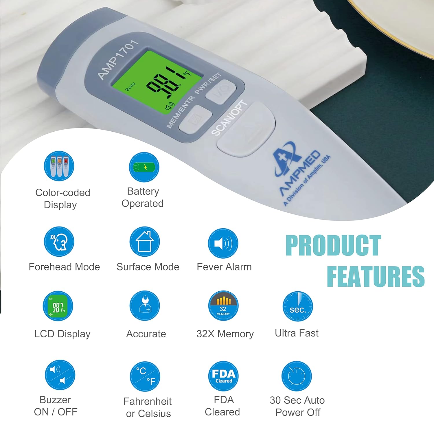 Alternative view of Amplim Medical Grade Forehead Thermometer for Adults, Kids, Baby, Non-Contact Digital Infrared Thermometer, Instant Read, Accurate & Fast Fever Detection, for Home, Clinic, Office Use