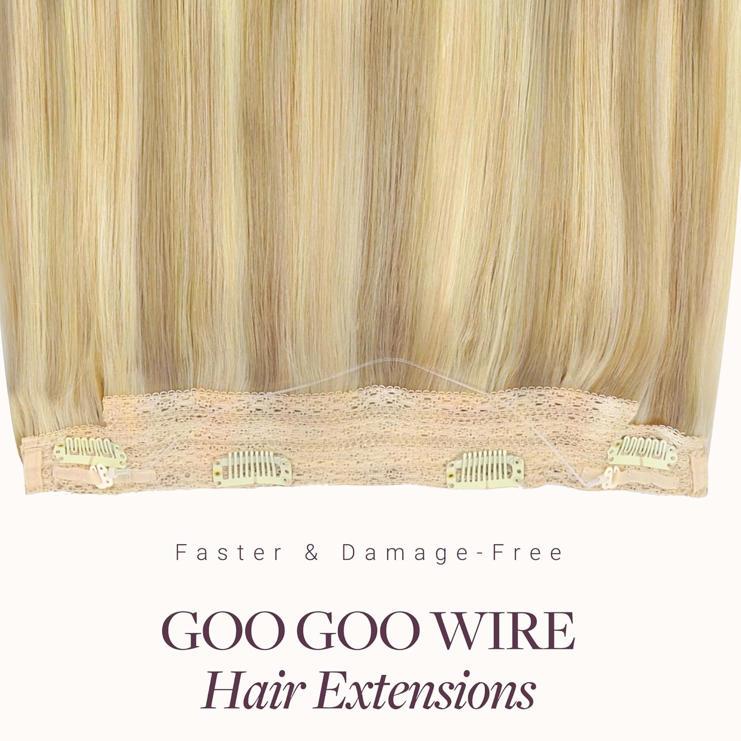 GOO GOO Wire Hair Extensions Human Hair, 16/22 Light Blondewith mix Golden Blonde Highlighted 14inch 75g, Invisible Wire Hair Extensions with Transparent, Seamless Fish Line Hairpiece