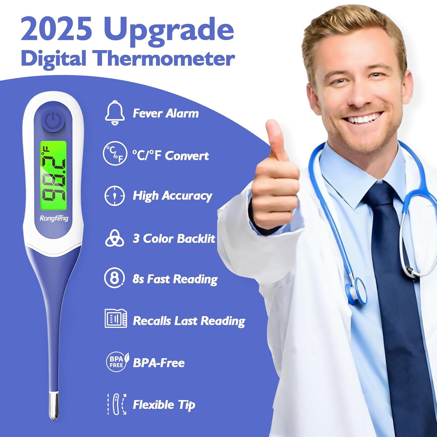 8s Fast Reading Oral Thermometer for Kids and Adults, Baby Digital Thermometer with 3 Color Backlit and Fever Alarm Medical FDA Basal Thermometer for Oral, Rectal, Underarm