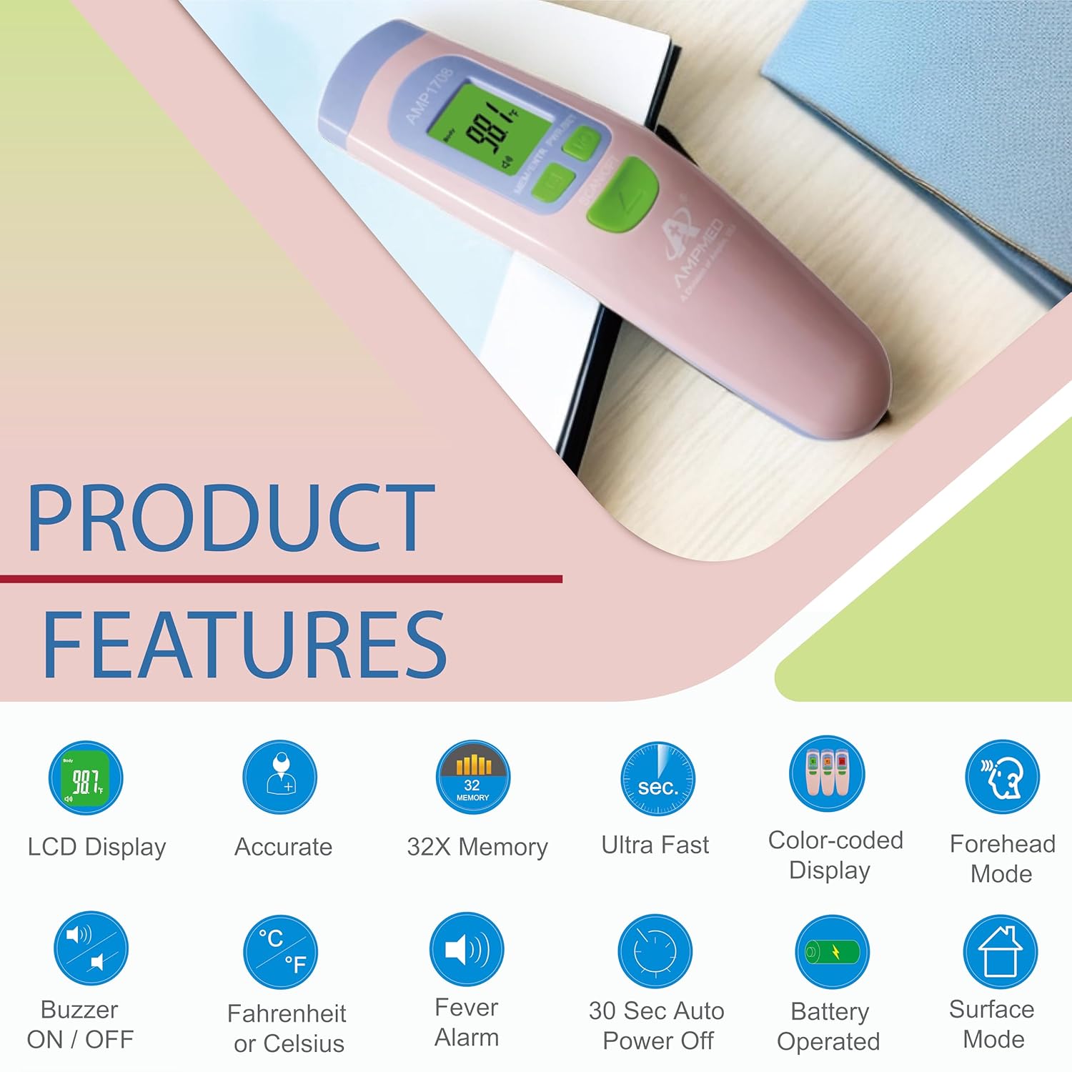 Alternative view of Amplim Non-Contact Forehead Thermometer for Adults, Kids & Infants | Ampmed No-Touch Medical Grade Temporal Fever Thermometer with Case, Nurse Accessories for Work, FDA-Cleared Pink Termometro Digital