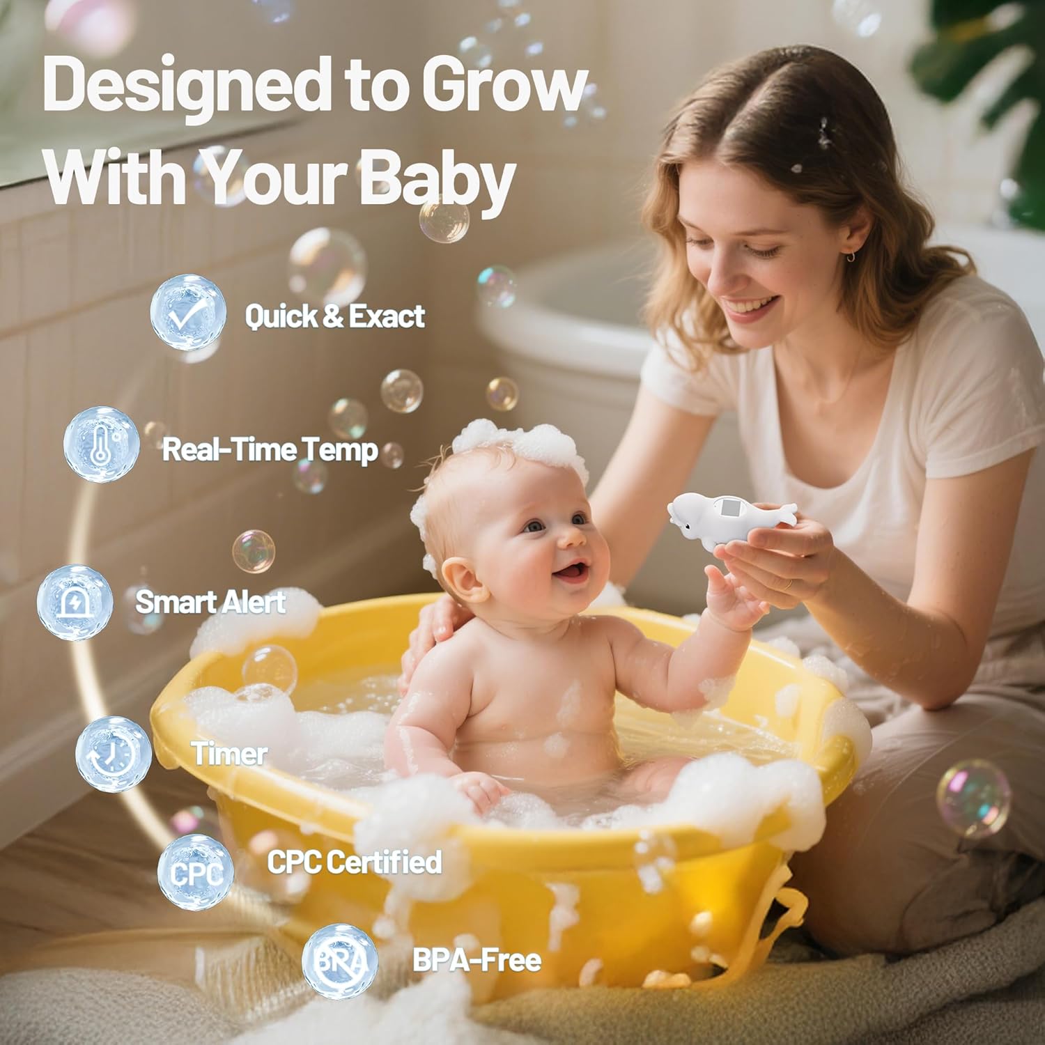 Doli Yearning Baby Bath Thermometer for Newborn & Infant - Floating Digital Water Temperature Monitor with Timer & LCD Display - Safe Bathing Essentials for New Moms