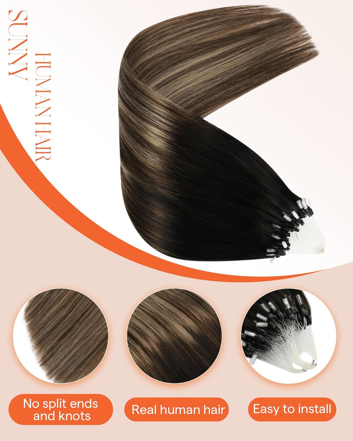 Sunny Hair 18inch 57g Micro Link Hair Extensions Human Hair Remy Microbead Hair Extensions Real Human Hair Black Balayage Brown Ombre Ash Blonde Micro Ring Hair Easy to Install