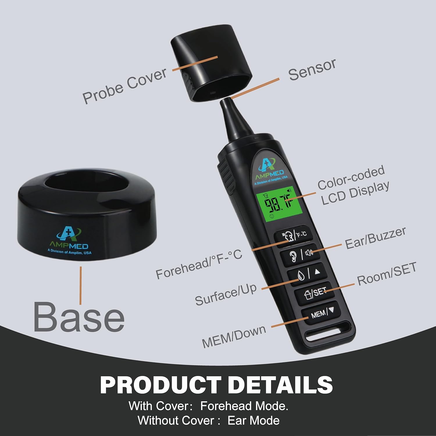 Amplim Baby Thermometer | 3-in-1 Accurate Infrared Thermometer for Ear, Forehead & Touchless, Fever Thermometer for Baby, Infants, Toddlers, Kids & Adults | Base Stand & Clock (Black)