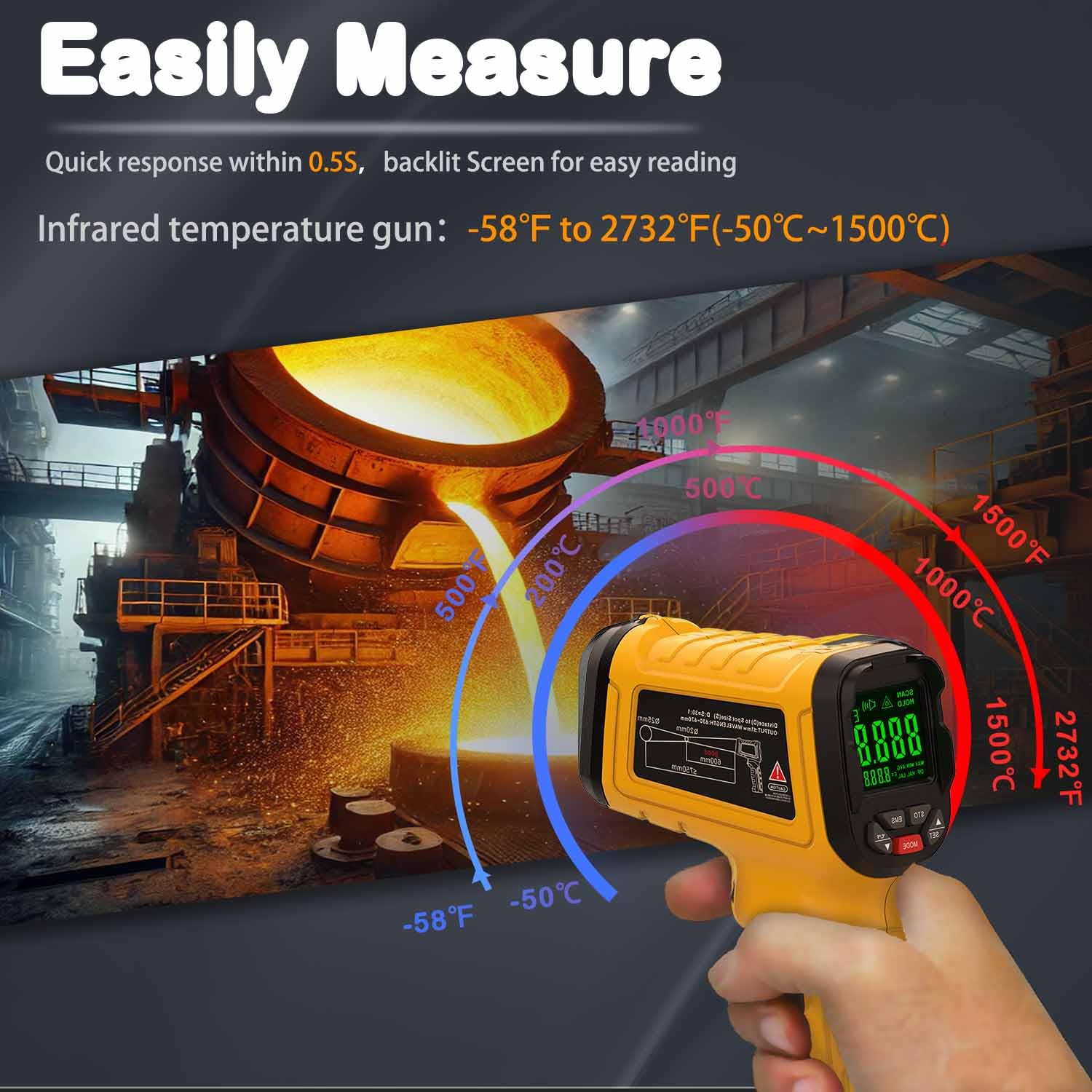 Surpeer Infrared Thermometer High Temperature Gun -58℉~2732℉, 50:1 Distance Ratio, Digital Laser IR Temp Gun for Cooking, Pizza Oven, Engine, Kilns, Forges, Industry, and Home Repair.