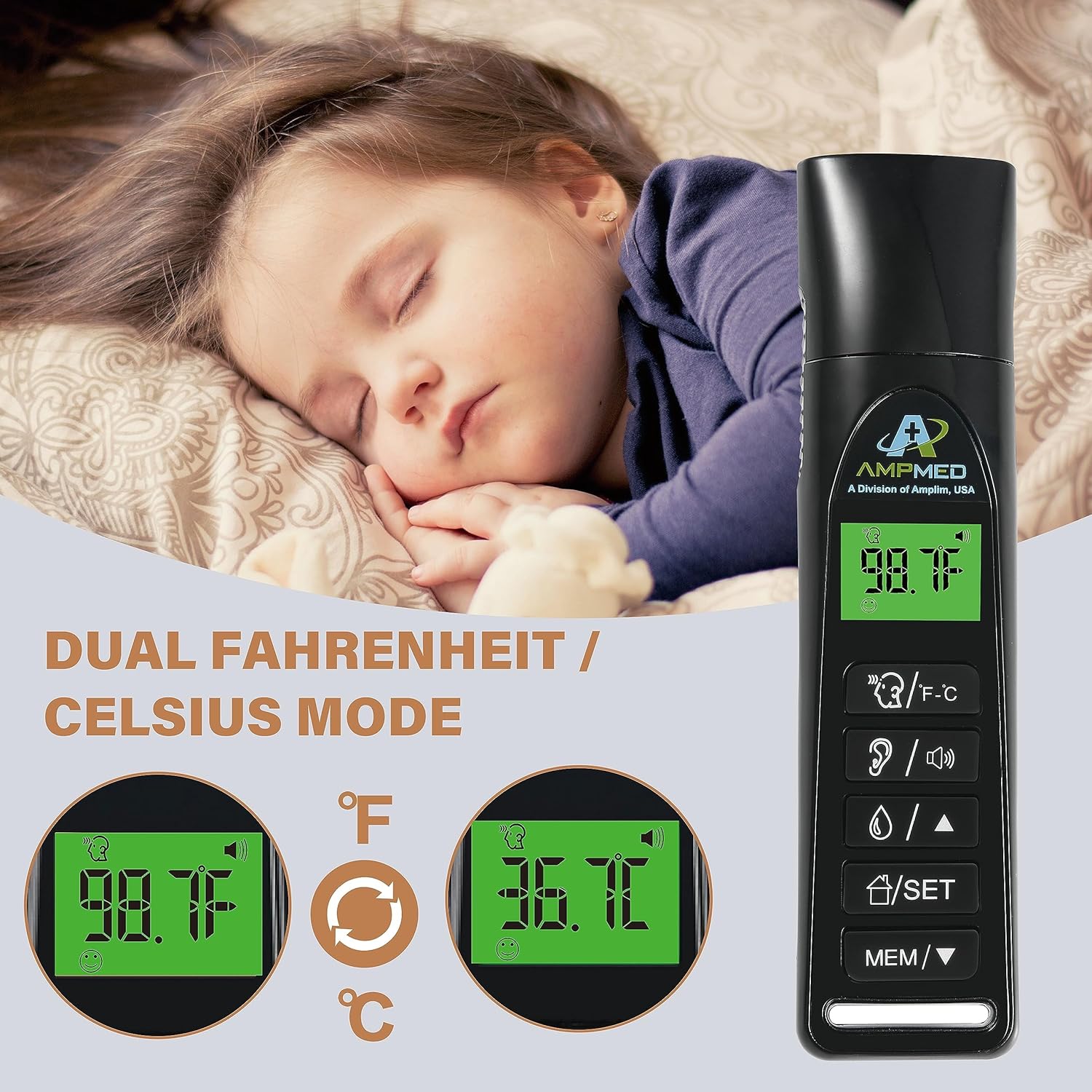 Amplim Baby Thermometer | 3-in-1 Accurate Infrared Thermometer for Ear, Forehead & Touchless, Fever Thermometer for Baby, Infants, Toddlers, Kids & Adults | Base Stand & Clock (Black) - Image 4