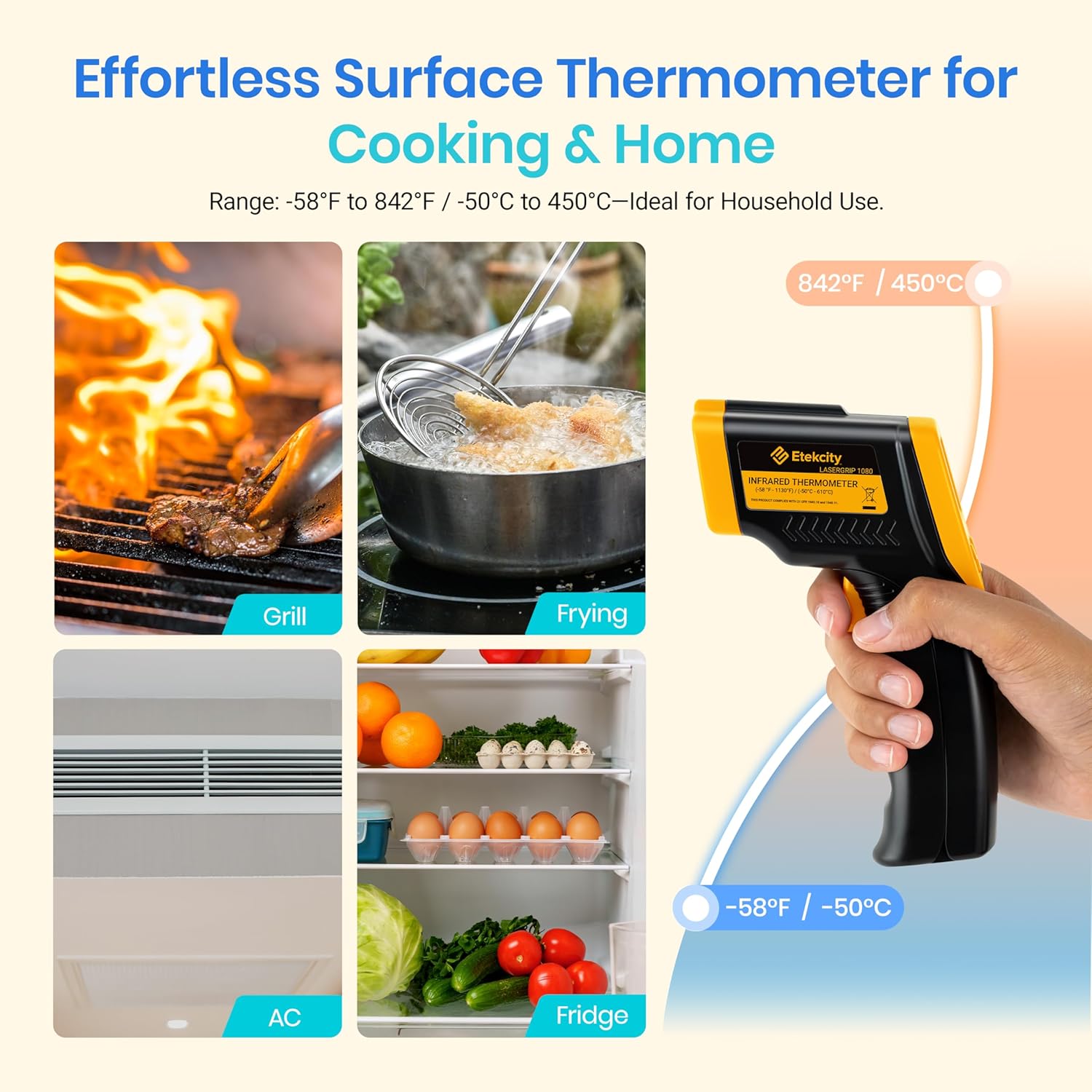 Alternative view of Etekcity Infrared Thermometer Laser Temperature Gun 774, Meat Food Candy Oven Thermometer for Griddle Accessories, Heat Gun for Cooking Refrigerator Tools, Adjustable Emissivity & Max Measure, Yellow