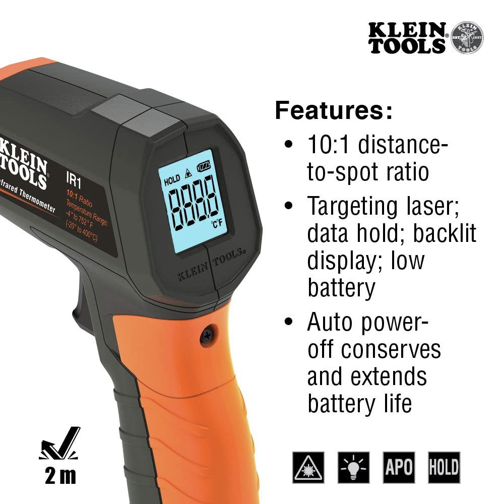 Alternative view of Klein Tools IR1 Infrared Thermometer, Digital Laser Gun is Non-Contact Thermometer with a Temperature Range -4 to 752-Degree Fahrenheit