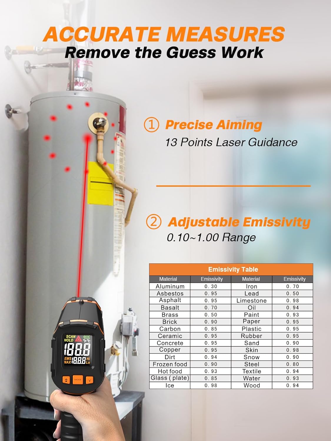Mecurate Infrared Thermometer Gun -58°F to 1112°F, Laser Temperature Gun with Adjustable Emissivity, Max/Min/Hold for Cooking, BBQ, Freezer, Industrial Use,with Long Probe Meat Thermometer