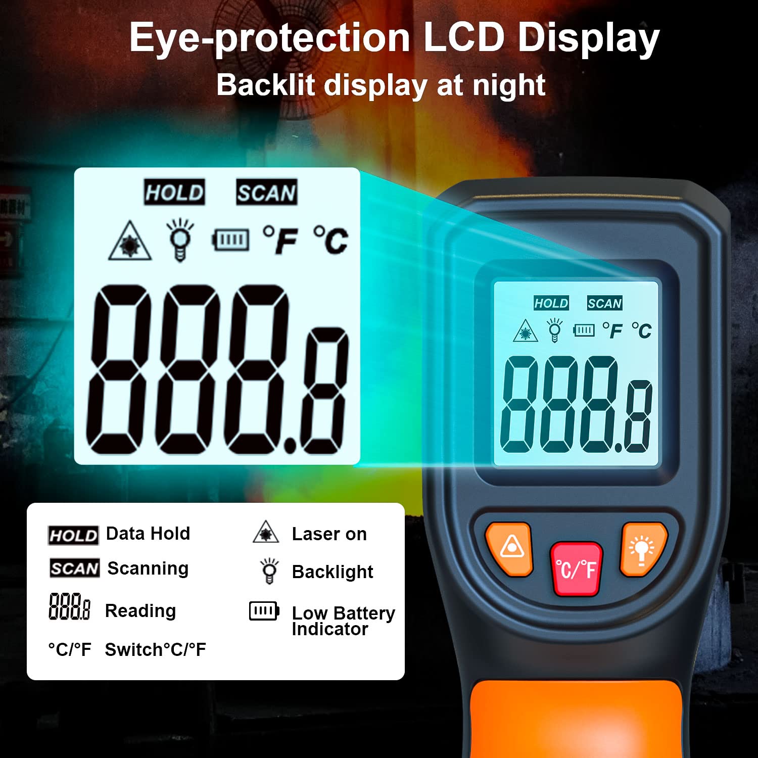 Alternative view of Upgrade 2023 Laser Infrared Thermometer Non-Contact Digital Temperature Gun, -58℉～1112℉(-50℃～600℃) IR Thermometer for Industrial, Kitchen Cooking, Automotive, HVAC (Not for Human Body Temp)