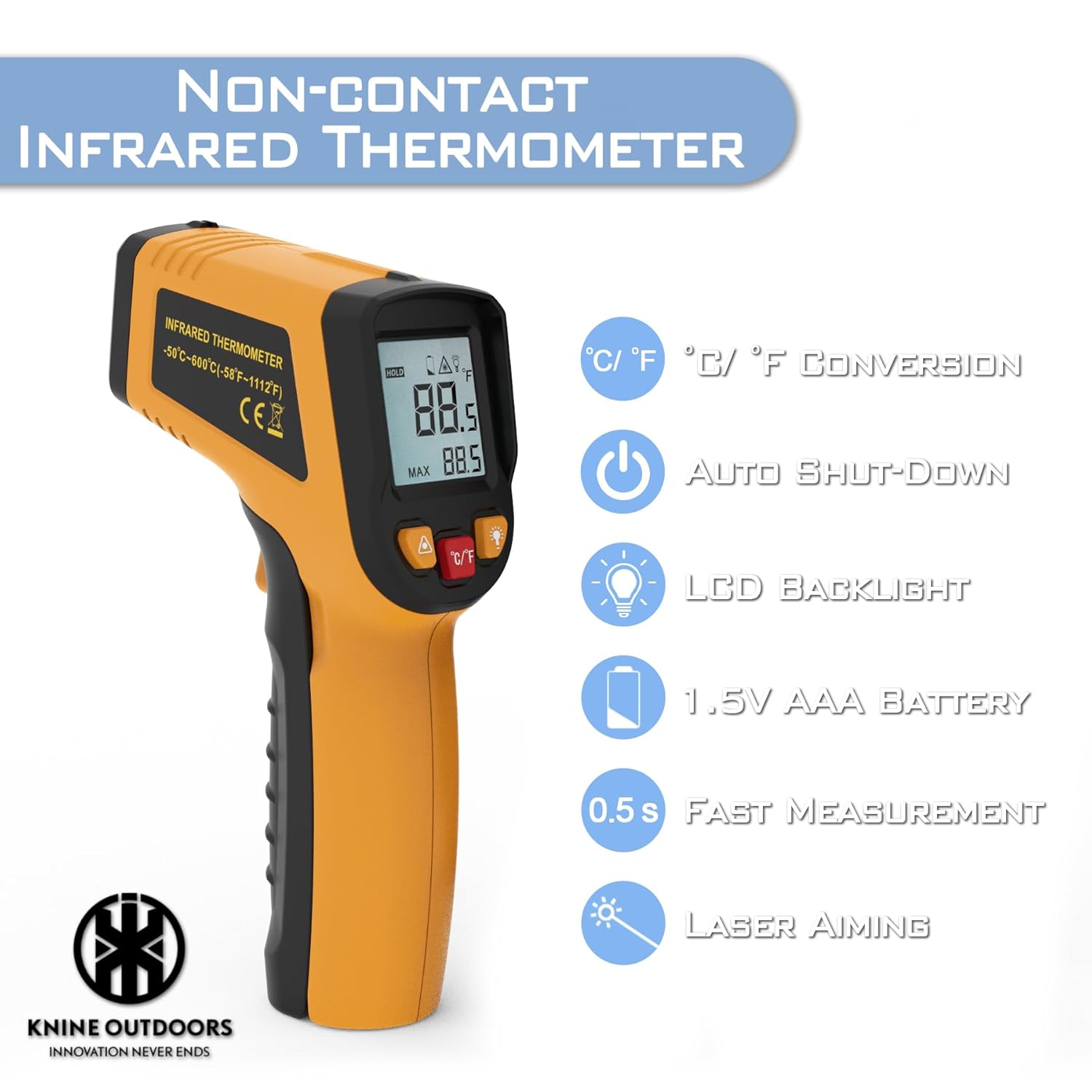 Alternative view of KNINE OUTDOORS Infrared Thermometer Laser Temperature Gun, -58℉ to 1112℉, Single Laser Targeting, Distance to Spot Ratio 12:1, for Cooking, Oven and Meat (Orange)