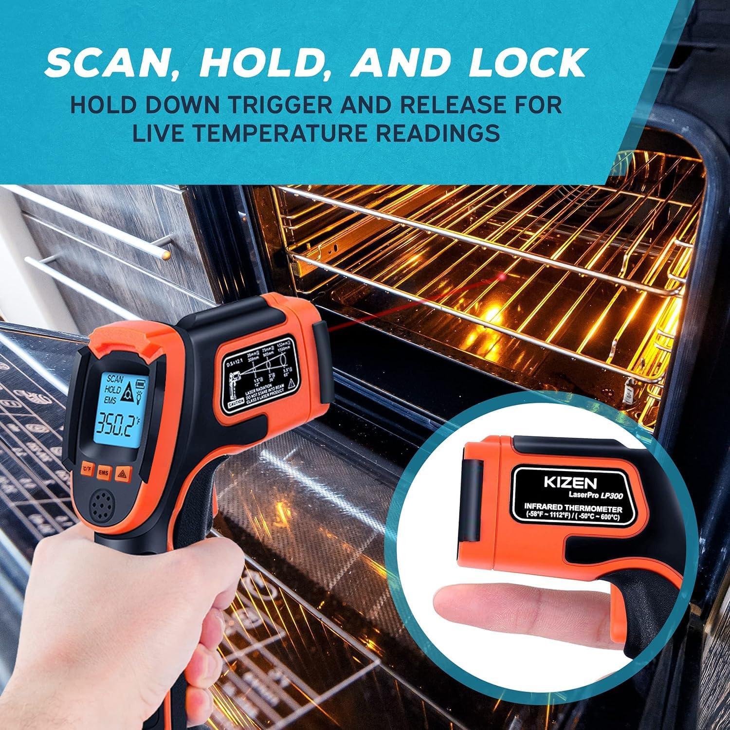 Kizen Infrared Temperature Gun - Handheld Surface Infrared Thermometer for Griddle, Grill, Pizza Oven, Candy, & A/C - Laser Thermometer Gun -58F to 1112F - Surface Temp Gun - Image 5