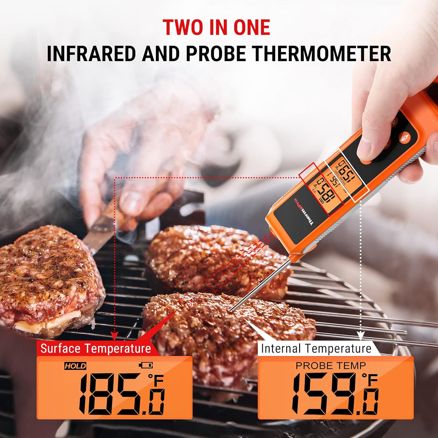 ThermoPro TP420 2-in-1 Instant Read Thermometer for Cooking, Infrared Thermometer Cooking Thermometer with Meat Probe, Non-Contact Laser Meat Thermometer for Griddle Grill Pizza Oven HVAC Pool