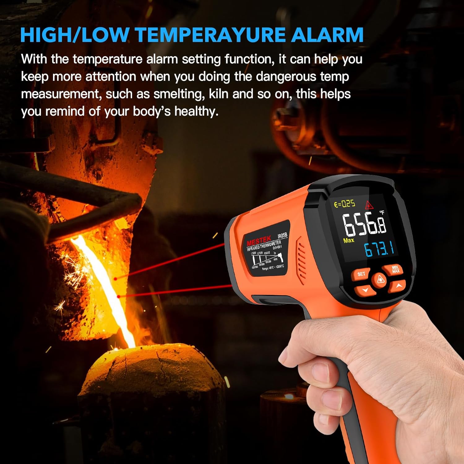 Alternative view of -40℉~3632℉, MESTEK Infrared Thermometer Temperature Gun, High Temp Thermometer with Thermocouple Probe, Non-Contact 50:1 Pyrometer Dual Laser Thermometer Gun for Engine, Kiln, Forging, Industrial