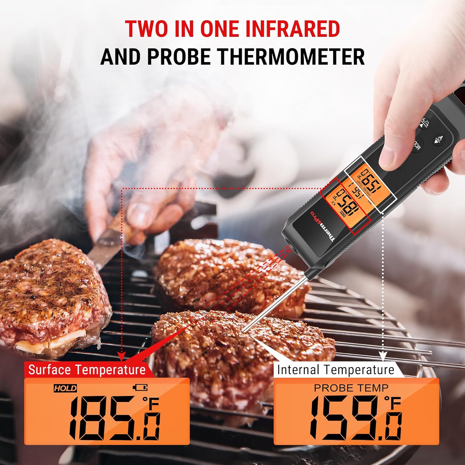 ThermoPro 2-in-1 Instant Read Thermometer for Cooking, Infrared Thermometer Cooking Thermometer with Meat Probe, Non-Contact Laser Meat Thermometer for Griddle Grill Pizza Oven HVAC Pool, Black