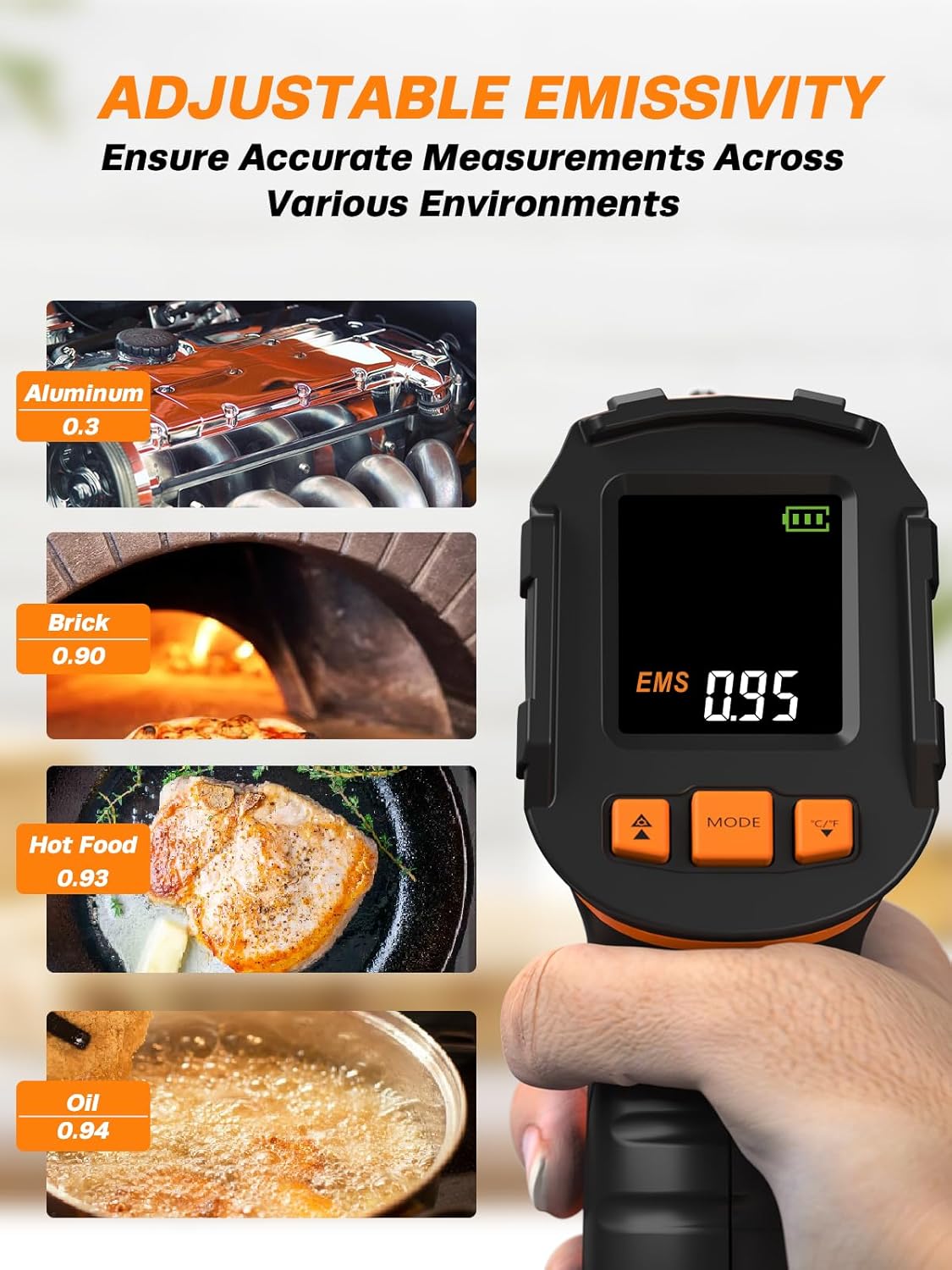 Alternative view of Mecurate Infrared Thermometer Gun -58°F to 1112°F, Laser Temperature Gun with Adjustable Emissivity, Max/Min/Hold for Cooking, BBQ, Freezer, Industrial Use​,with Long Probe Meat Thermometer