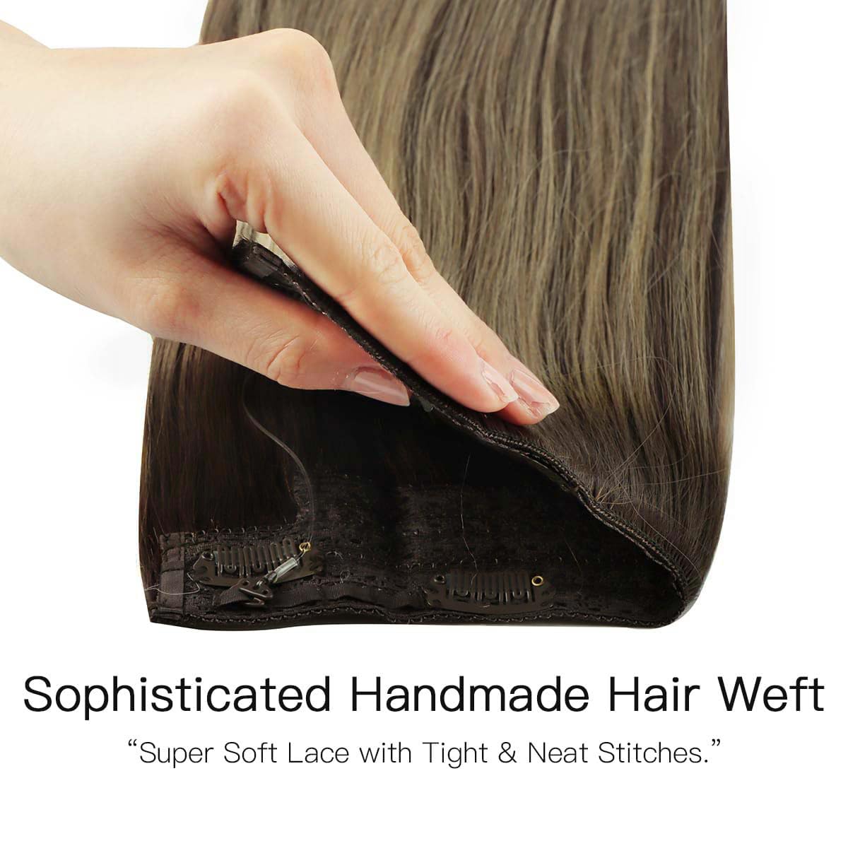 HOTBANANA Wire Hair Extensions, 14 inch 75g Chocolate Brown with Honey Blonde Fish Line Hair Extensions Real Human Hair Straight Invisible Wire Hair Extensions Remy Hair Extensions