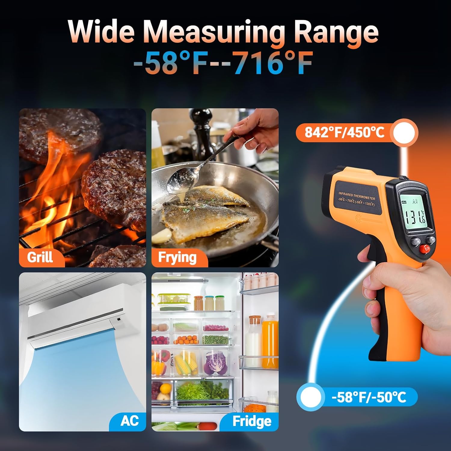 Alternative view of Digital Infrared Thermometer Gun for Cooking,BBQ,Pizza Oven, Infrared Thermometer Laser with Backlight,-58℉~712℉(-50℃~380℃) Handheld Non Contact Heat Laser Temperature Gun (Not for Human)