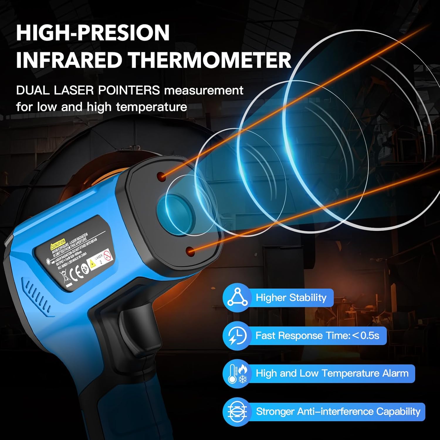 INSTRODOTS Infrared Thermometer Temperature Gun, -40℉ to 2192℉ Dual Laser High Temp Thermometer with LCD Color Display, Non-Contact Industrial Pyrometer 50:1 Distance Ratio, Adjustable Emissivity